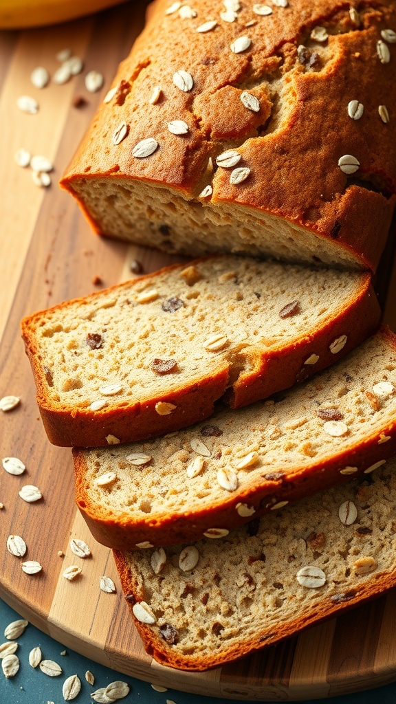 Sliced oat banana bread on a wooden cutting board, showcasing its moist texture and oat pieces.